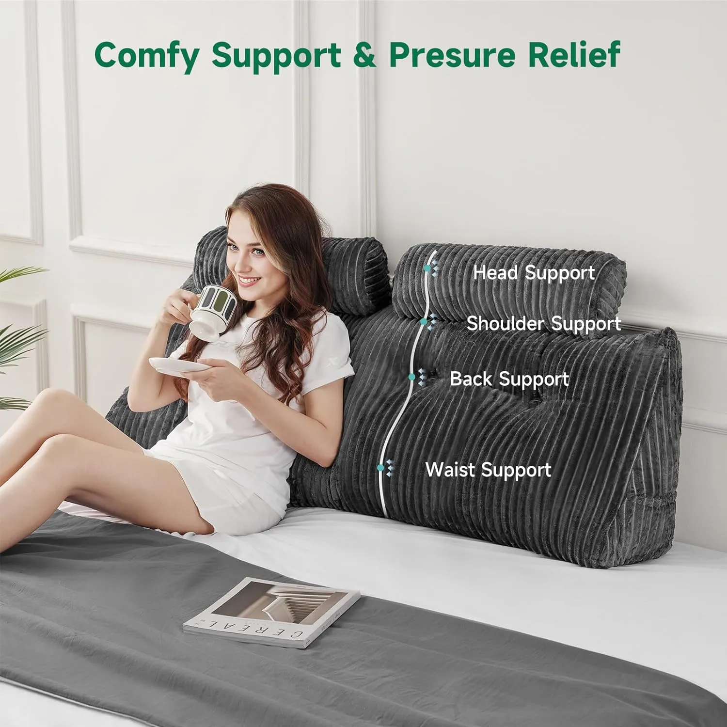 Z-hom King Size Pillow Headboard with 2 Roll Pillow, Triangular Wedge Headboard Pillow, Large Reading Pillow Bed Reading Pillow for Bed Sitting Up Sleeping, Backrest Pillow for Back Pain Relief, Grey