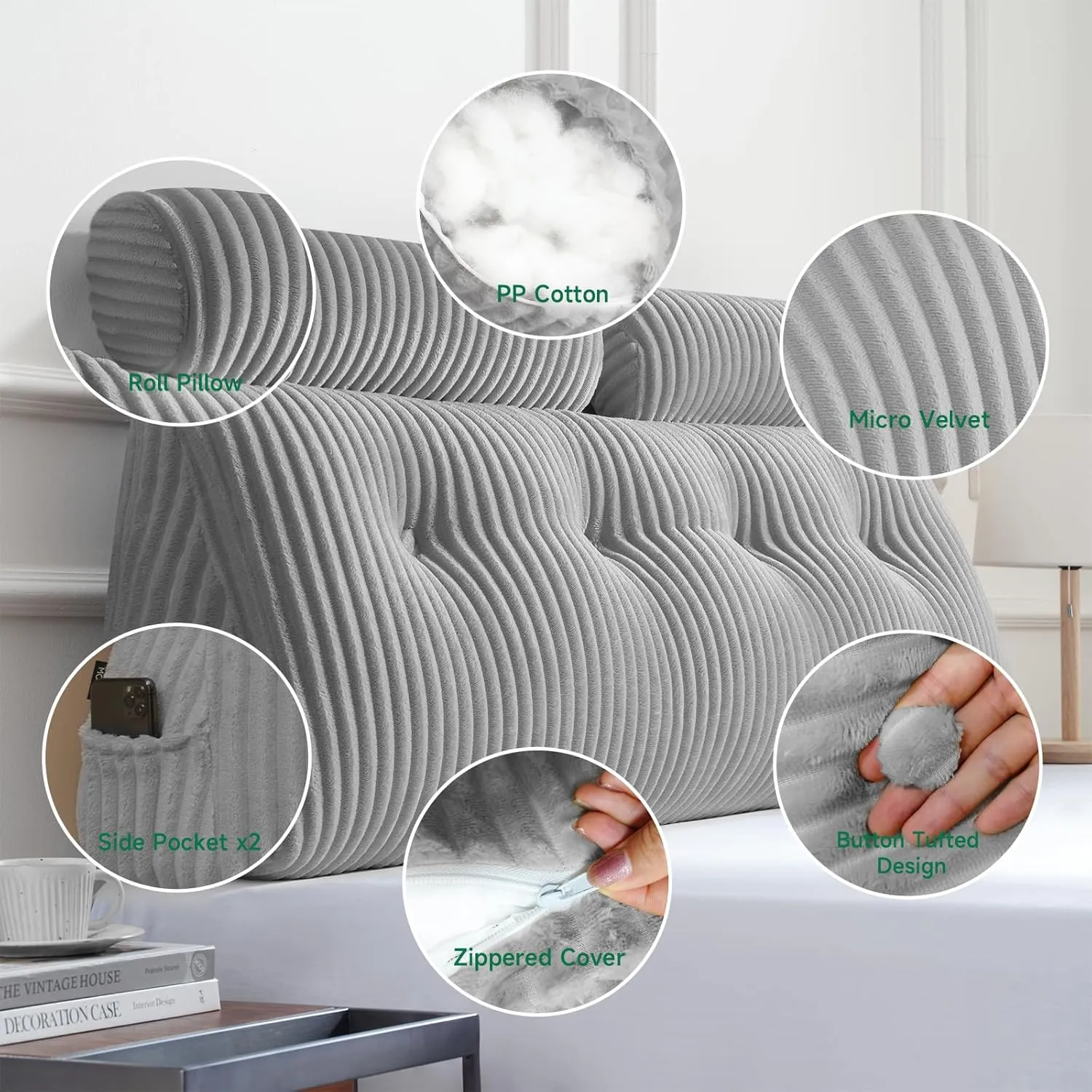Z-hom Large Wedge Pillow Headboard, King Triangular Headboard Pillow, Reading Pillow Bed with a Roll Pillow for Bed Sitting Up Sleeping, Backrest Cushion Headboard Gap Pillow for Back, Light Gray
