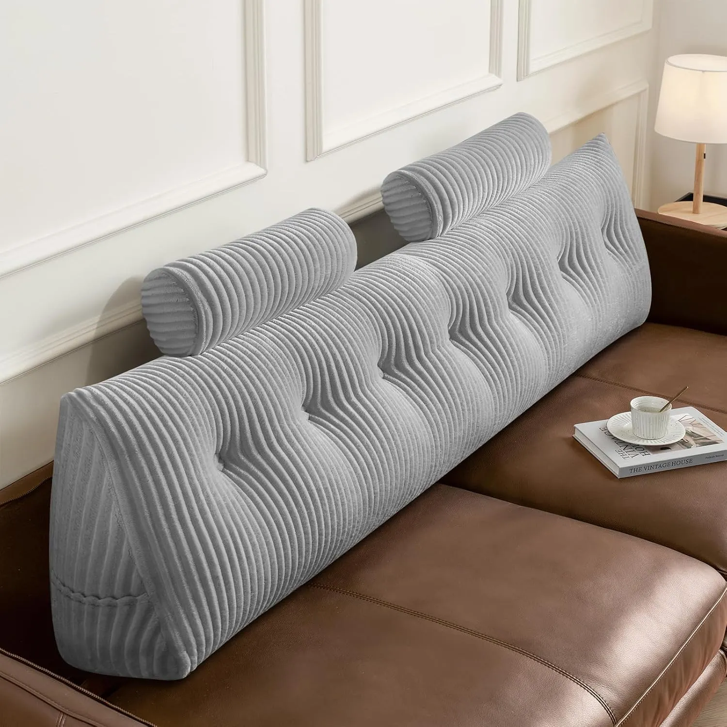 Z-hom Large Wedge Pillow Headboard, King Triangular Headboard Pillow, Reading Pillow Bed with a Roll Pillow for Bed Sitting Up Sleeping, Backrest Cushion Headboard Gap Pillow for Back, Light Gray