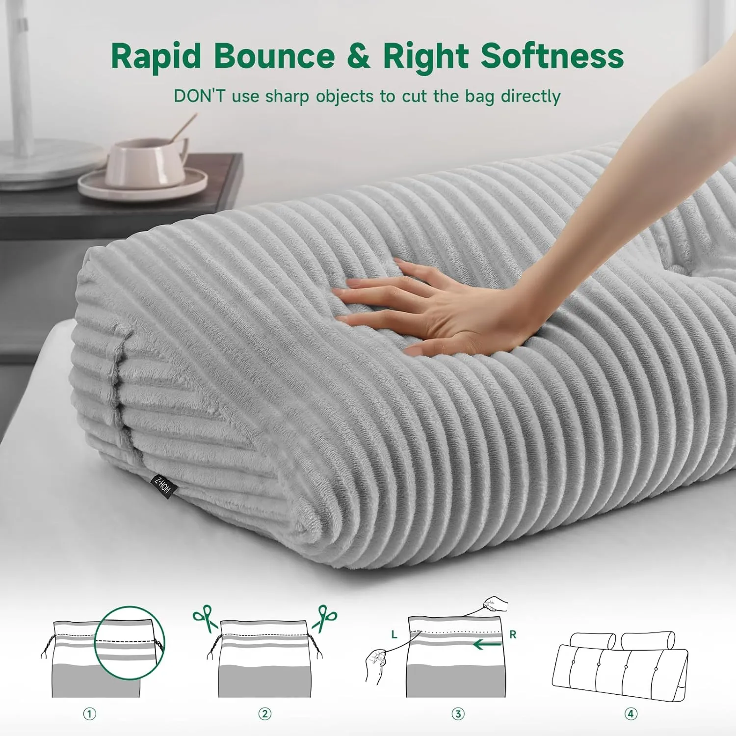 Z-hom Large Wedge Pillow Headboard, King Triangular Headboard Pillow, Reading Pillow Bed with a Roll Pillow for Bed Sitting Up Sleeping, Backrest Cushion Headboard Gap Pillow for Back, Light Gray