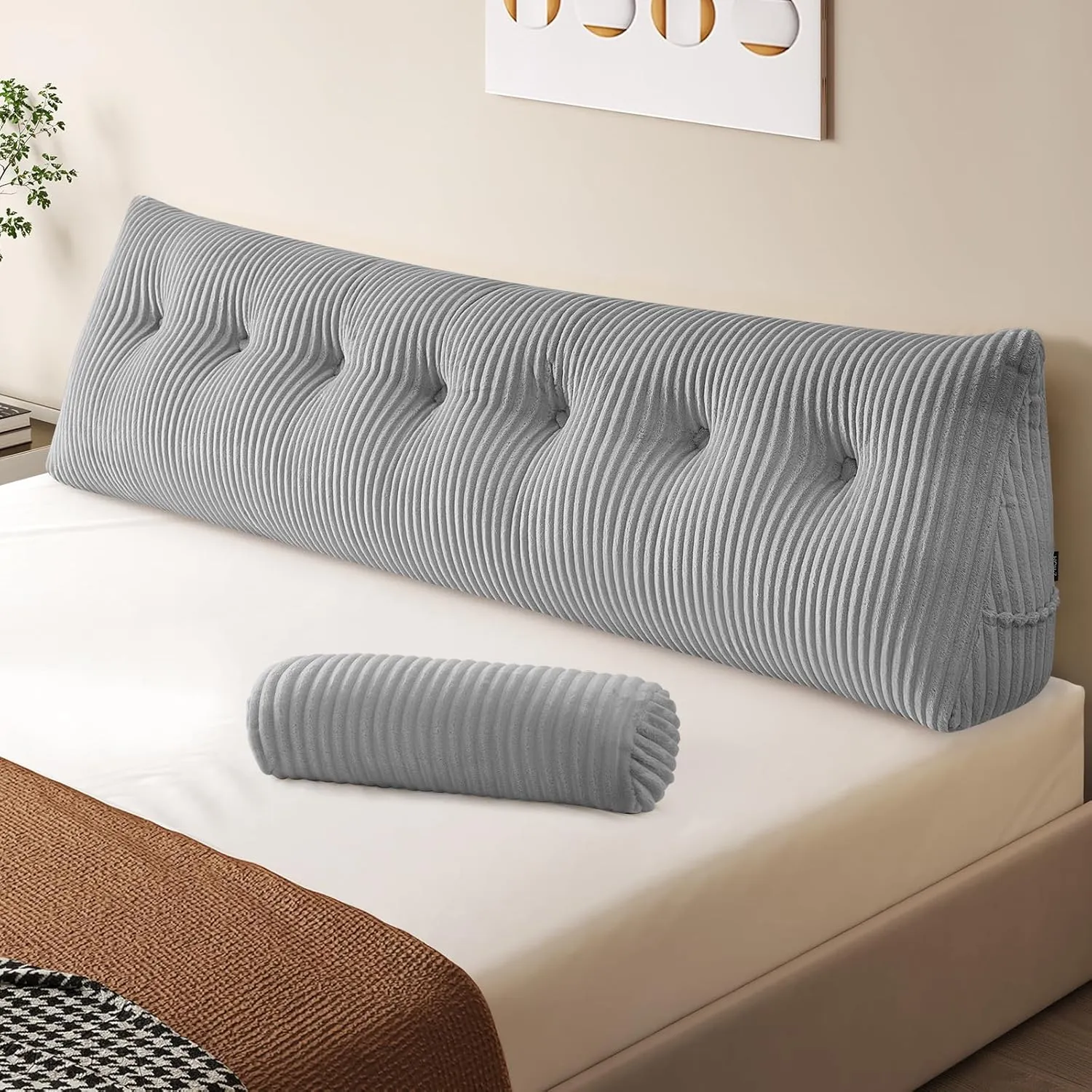 Z-hom Large Wedge Pillow Headboard, King Triangular Headboard Pillow, Reading Pillow Bed with a Roll Pillow for Bed Sitting Up Sleeping, Backrest Cushion Headboard Gap Pillow for Back, Light Gray