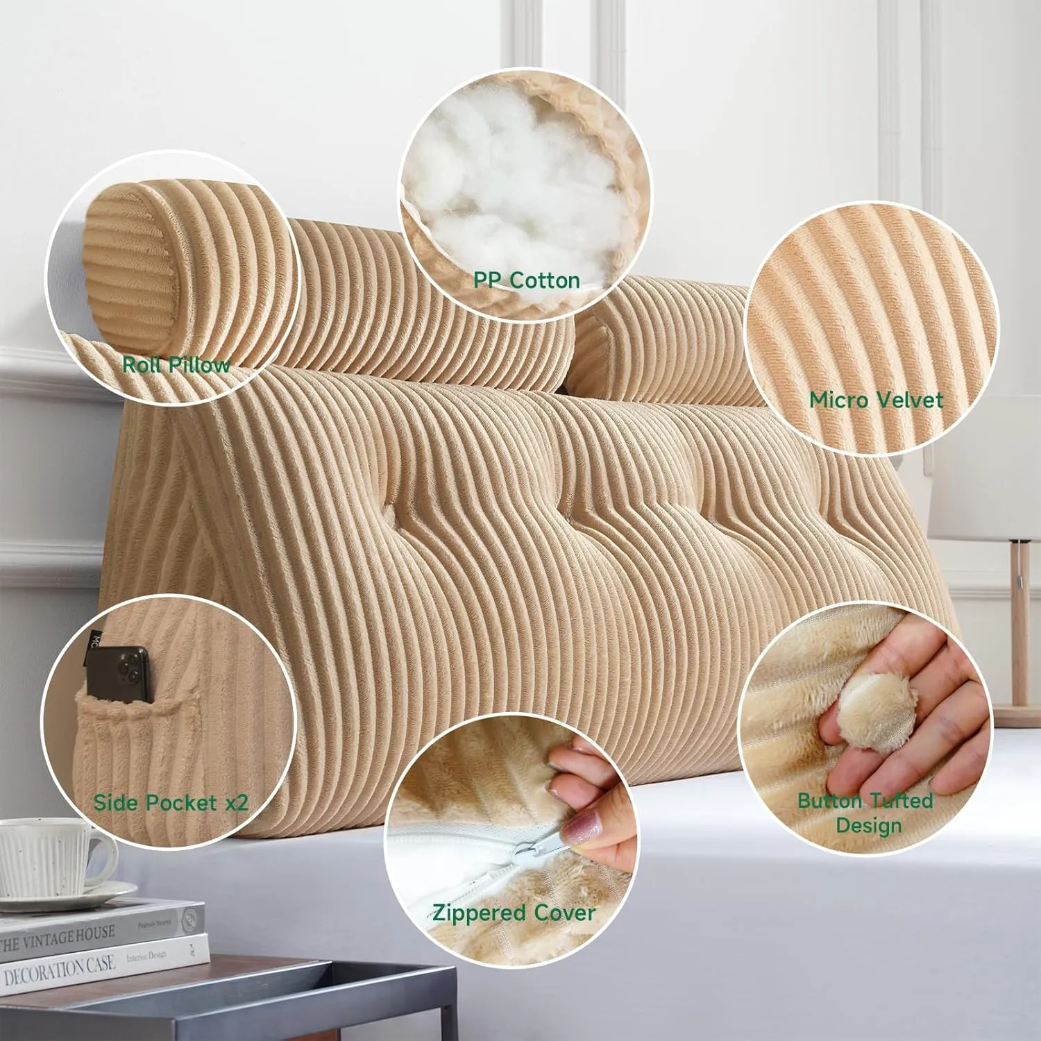 Z-hom Large Wedge Pillow Headboard, King Triangular Headboard Pillow, Reading Pillow Bed with a Roll Pillow for Bed Sitting Up Sleeping, Backrest Cushion Headboard Gap Pillow for Back,Beige