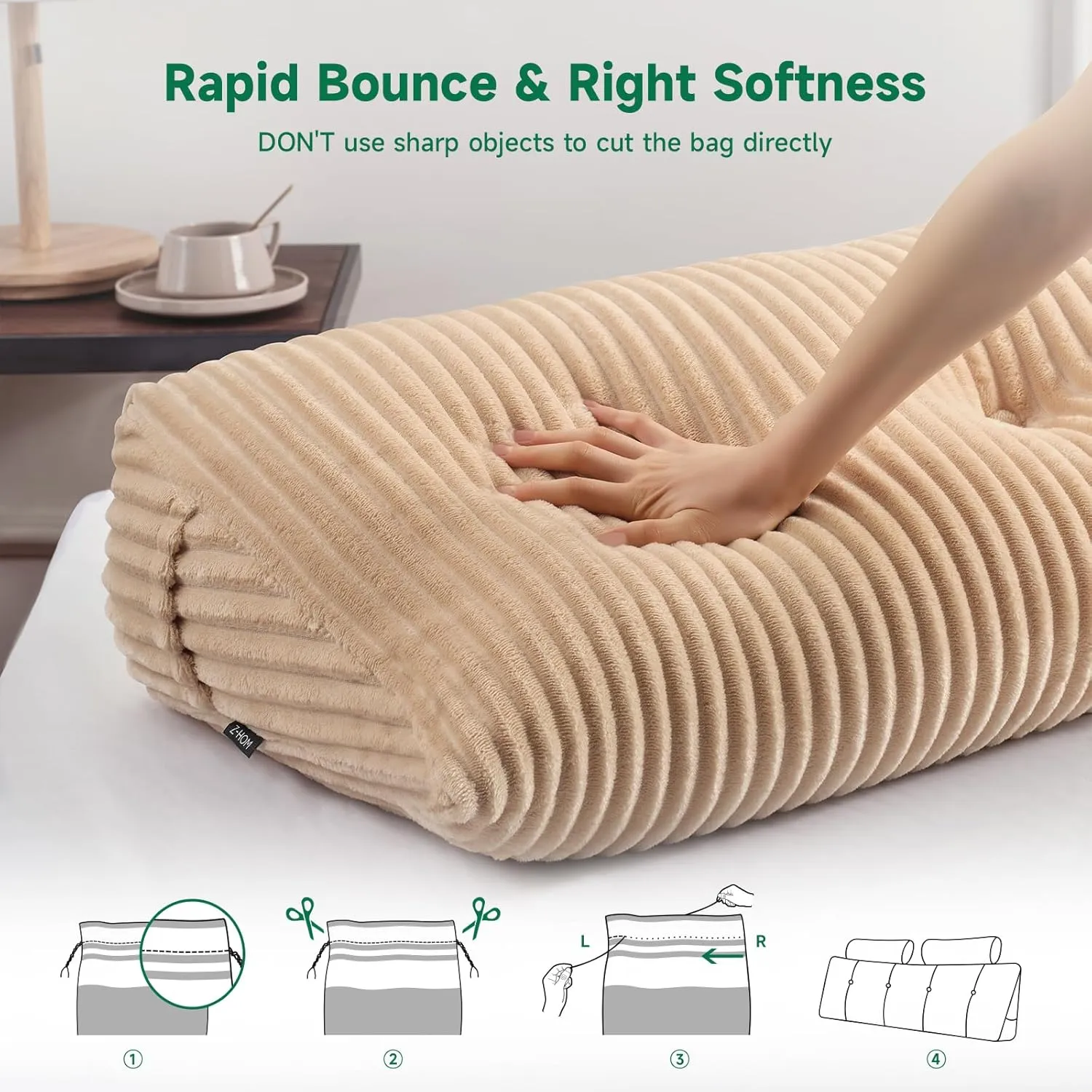 Z-hom Large Wedge Pillow Headboard, King Triangular Headboard Pillow, Reading Pillow Bed with a Roll Pillow for Bed Sitting Up Sleeping, Backrest Cushion Headboard Gap Pillow for Back,Beige