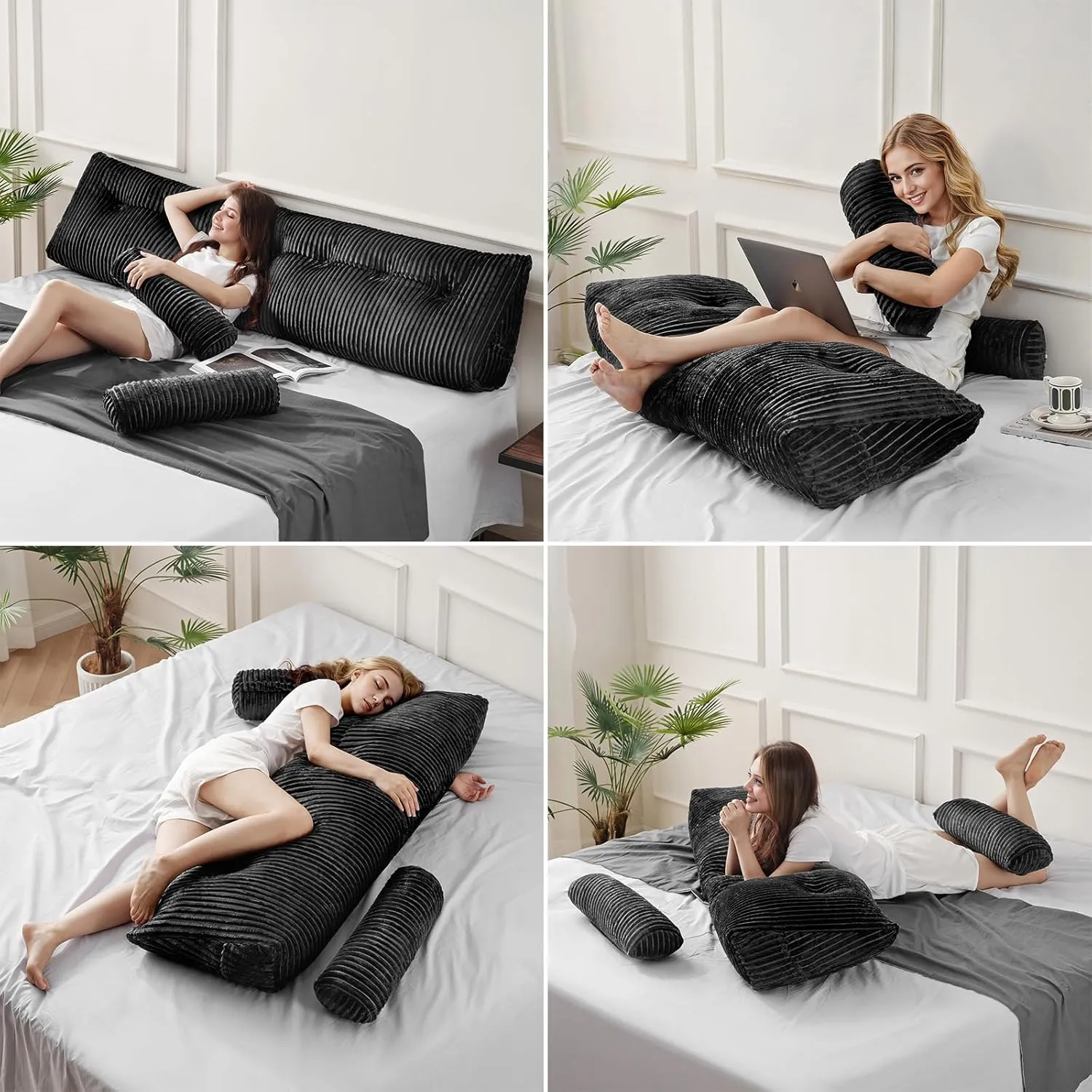 Z-hom Large Wedge Pillow Headboard, King Triangular Headboard Pillow, Reading Pillow Standard Bed with a Roll Pillow for Bed Sitting Up Sleeping, Backrest Cushion Headboard Gap Pillow for Back, Black
