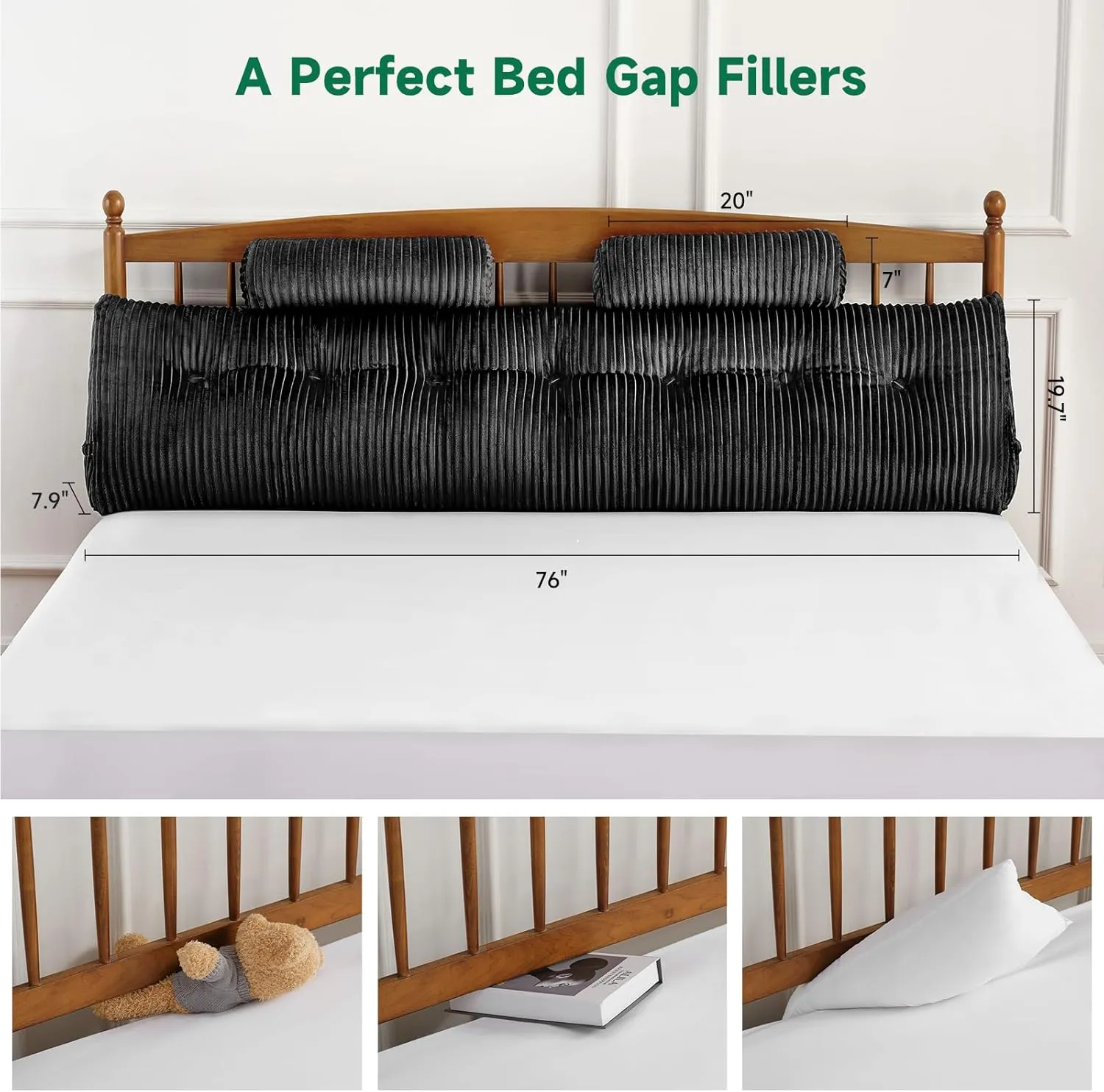 Z-hom Large Wedge Pillow Headboard, King Triangular Headboard Pillow, Reading Pillow Standard Bed with a Roll Pillow for Bed Sitting Up Sleeping, Backrest Cushion Headboard Gap Pillow for Back, Black