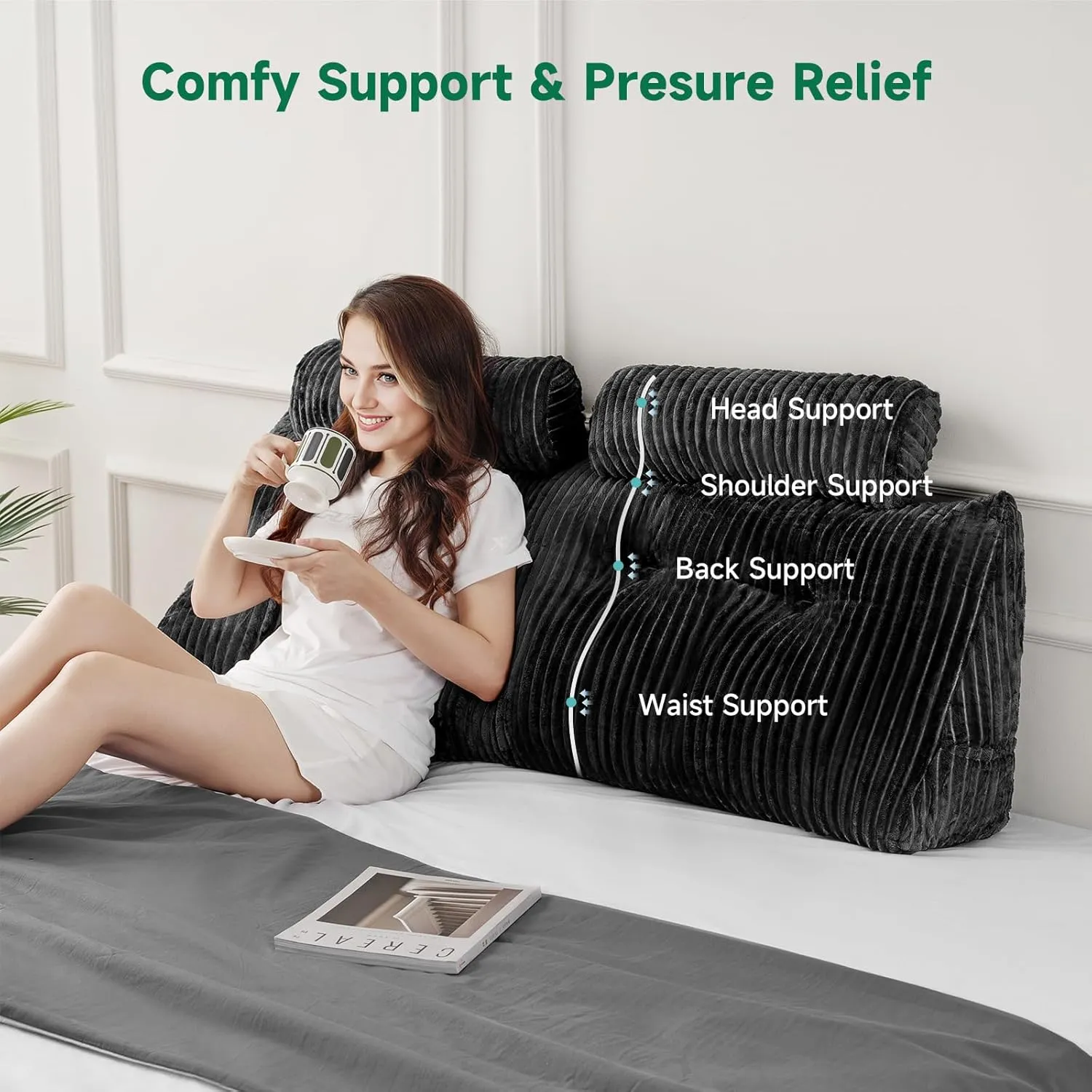 Z-hom Large Wedge Pillow Headboard, King Triangular Headboard Pillow, Reading Pillow Standard Bed with a Roll Pillow for Bed Sitting Up Sleeping, Backrest Cushion Headboard Gap Pillow for Back, Black