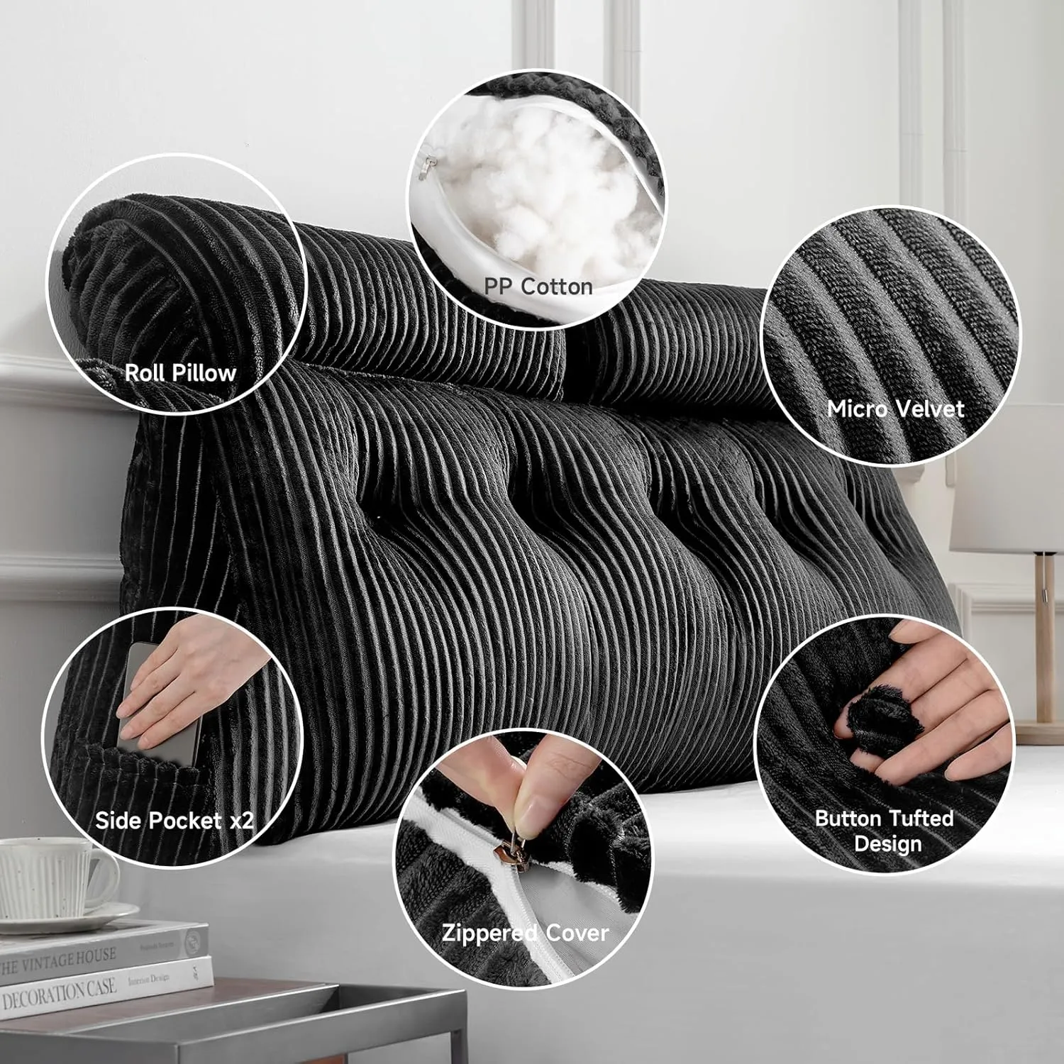 Z-hom Large Wedge Pillow Headboard, King Triangular Headboard Pillow, Reading Pillow Standard Bed with a Roll Pillow for Bed Sitting Up Sleeping, Backrest Cushion Headboard Gap Pillow for Back, Black