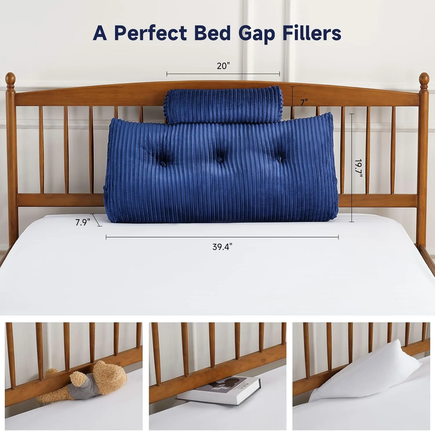 Z-hom Large Wedge Pillow Headboard, Twin Triangular Headboard Pillow, Reading Pillow Standard Bed with a Roll Pillow for Bed Sitting Up Sleeping, Backrest Cushion Headboard Gap Pillow for Back, Blue