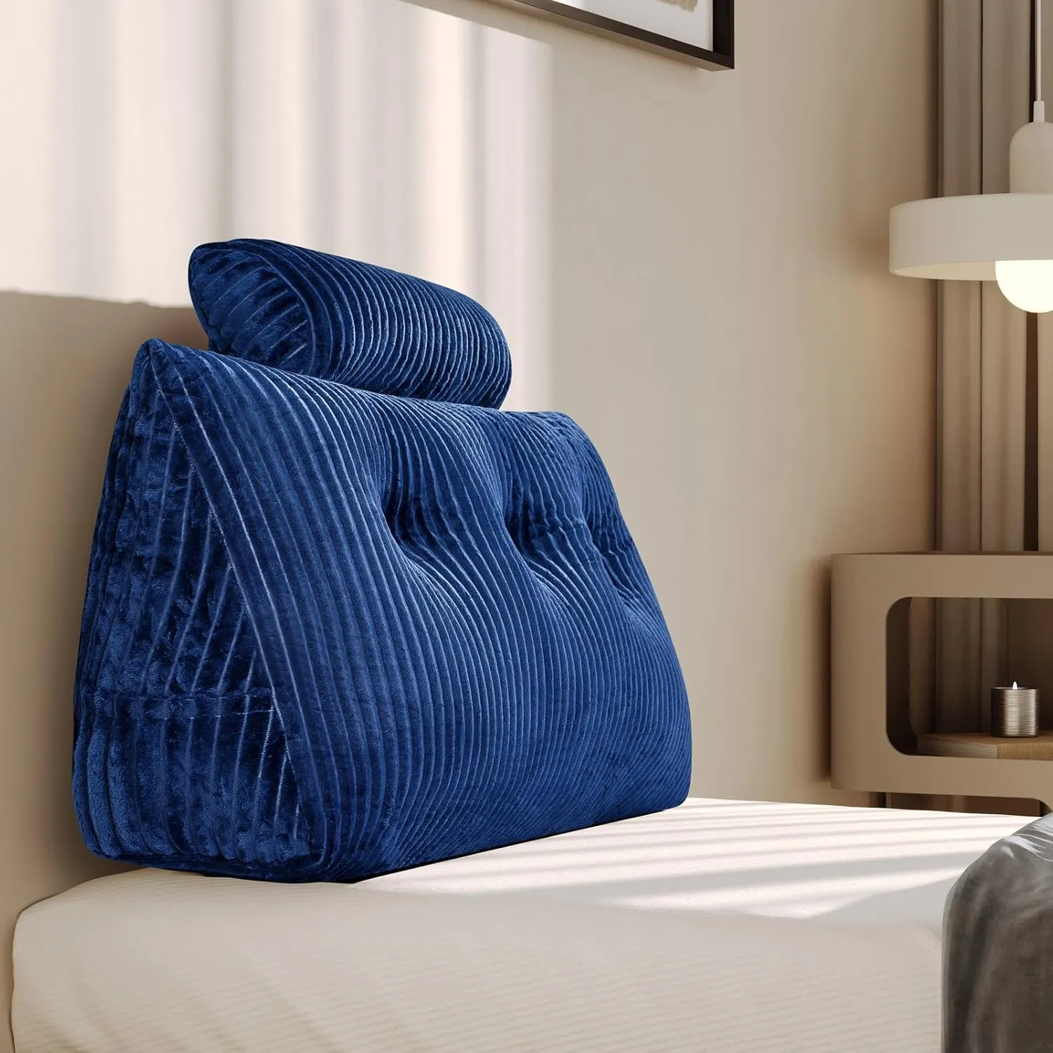 Z-hom Large Wedge Pillow Headboard, Twin Triangular Headboard Pillow, Reading Pillow Standard Bed with a Roll Pillow for Bed Sitting Up Sleeping, Backrest Cushion Headboard Gap Pillow for Back, Blue