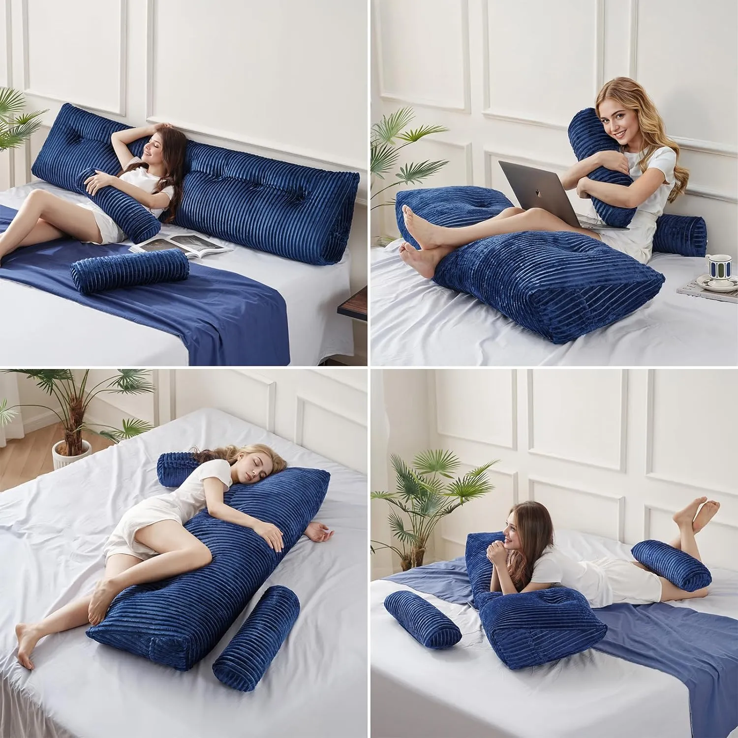 Z-hom Large Wedge Pillow Headboard, Twin Triangular Headboard Pillow, Reading Pillow Standard Bed with a Roll Pillow for Bed Sitting Up Sleeping, Backrest Cushion Headboard Gap Pillow for Back, Blue