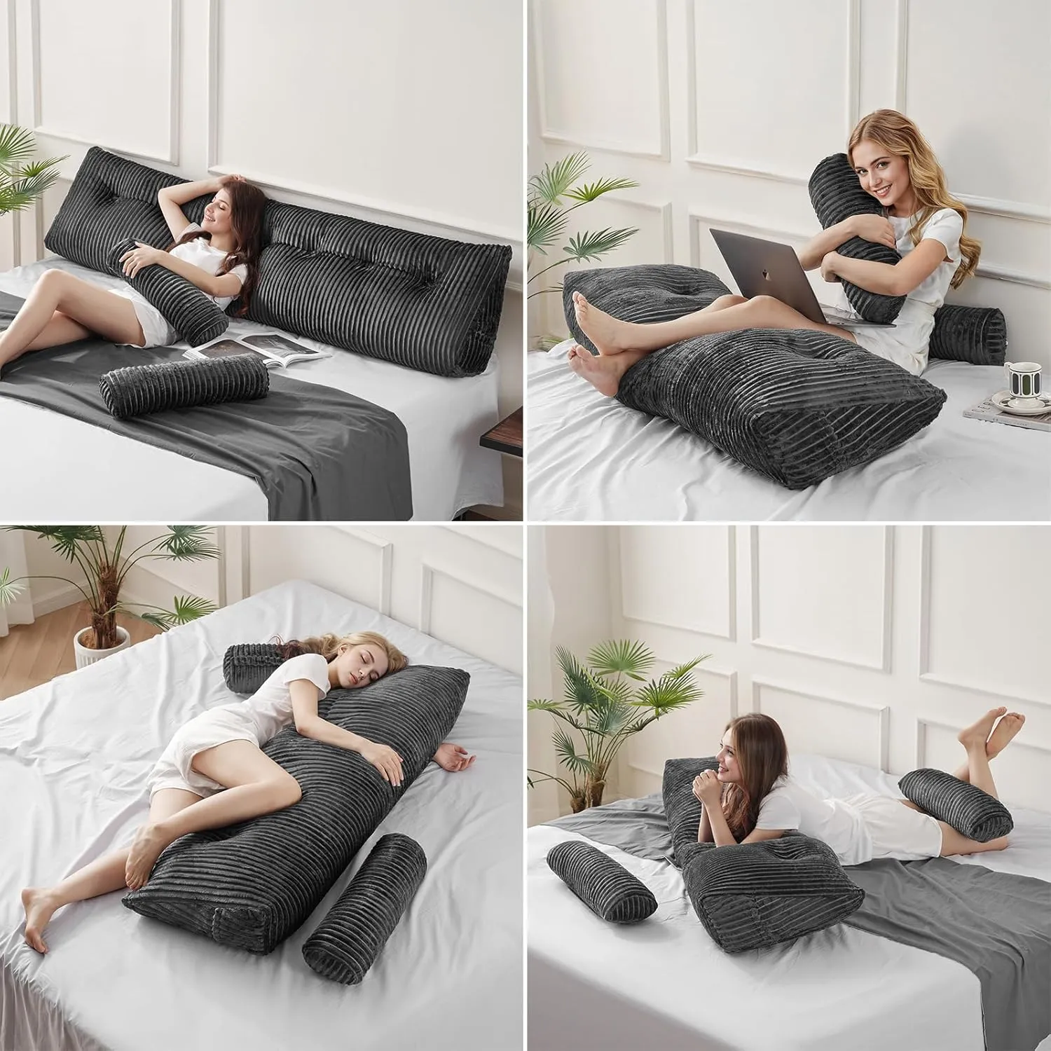 Z-hom Large Wedge Pillow Headboard, Twin Triangular Headboard Pillow, Reading Pillow Standard Bed with a Roll Pillow for Bed Sitting Up Sleeping, Backrest Cushion Headboard Gap Pillow for Back, Grey