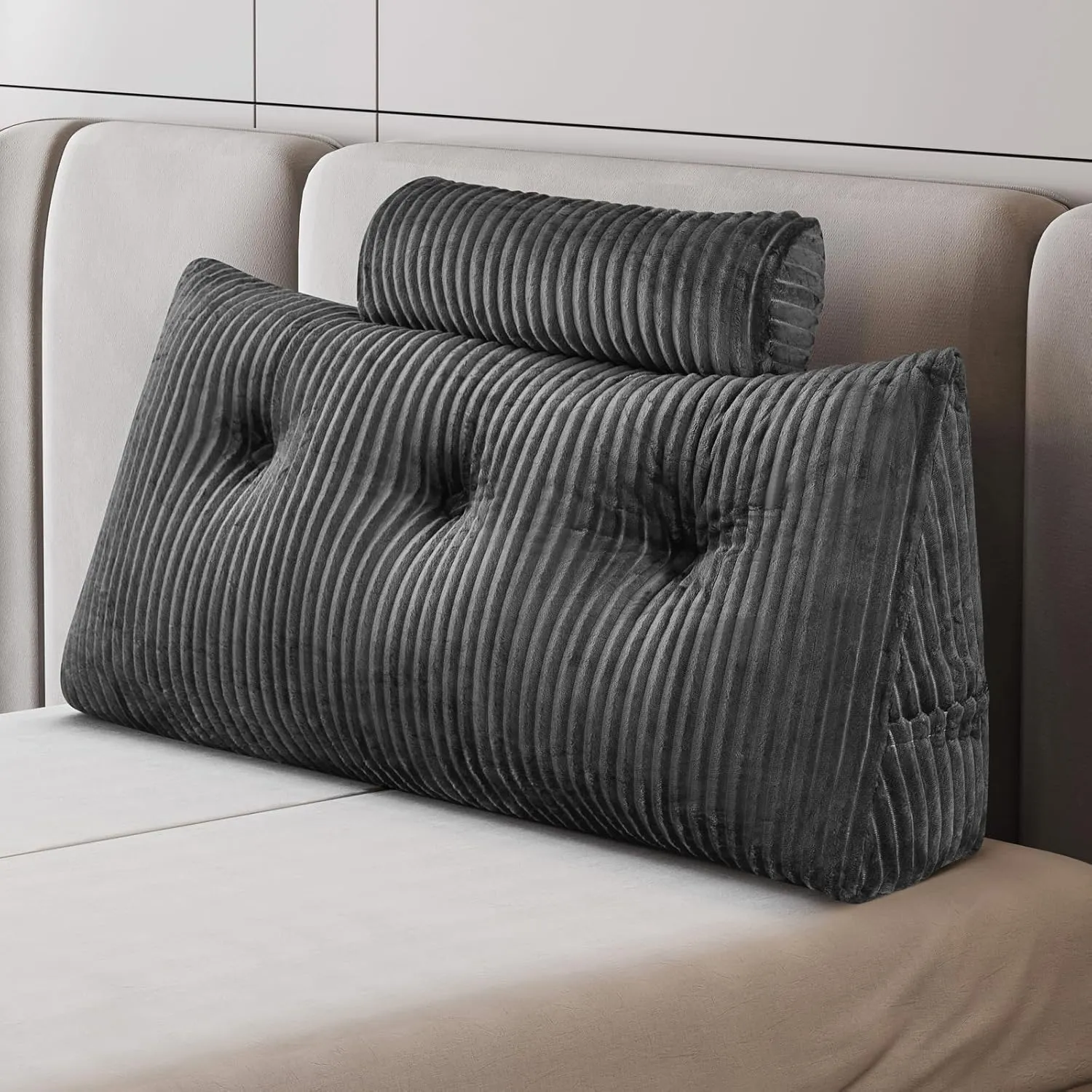 Z-hom Large Wedge Pillow Headboard, Twin Triangular Headboard Pillow, Reading Pillow Standard Bed with a Roll Pillow for Bed Sitting Up Sleeping, Backrest Cushion Headboard Gap Pillow for Back, Grey