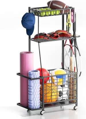 ZHOOGE Sports Equipment Organizer Garage Storage Organization, Garage Organizer Ball Storage Rack Rolling Cart with Basket and Hooks for Toy/Sports Gear Storage Indoor/Outdoor Use, Black